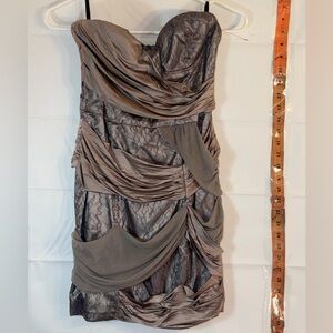 bebe Taupe Strapless Draped Lace Cocktail Dress